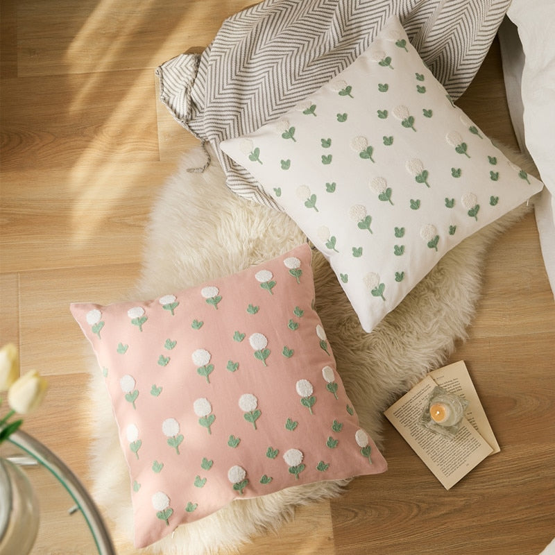 Floral Embroidered Cotton Pillow Cover