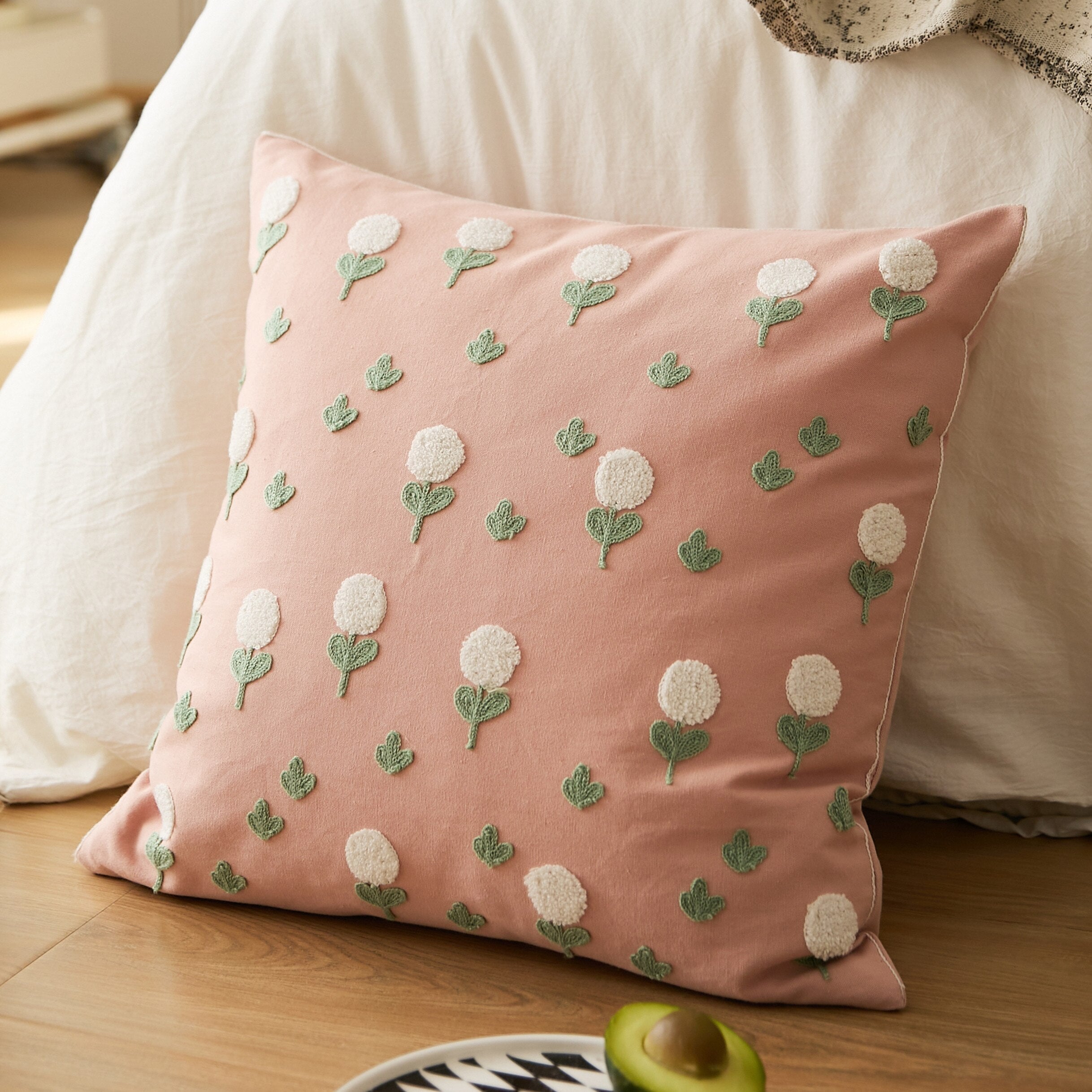 Floral Embroidered Cotton Pillow Cover Pink
