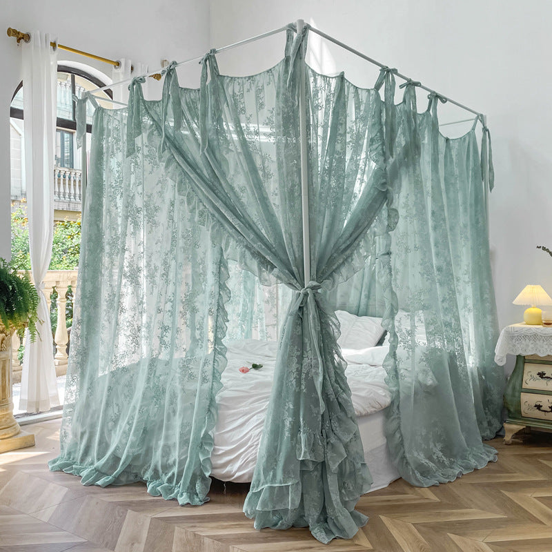 4 Poster Bed Canopy Curtains – Floral Lace with Ruffle Trim