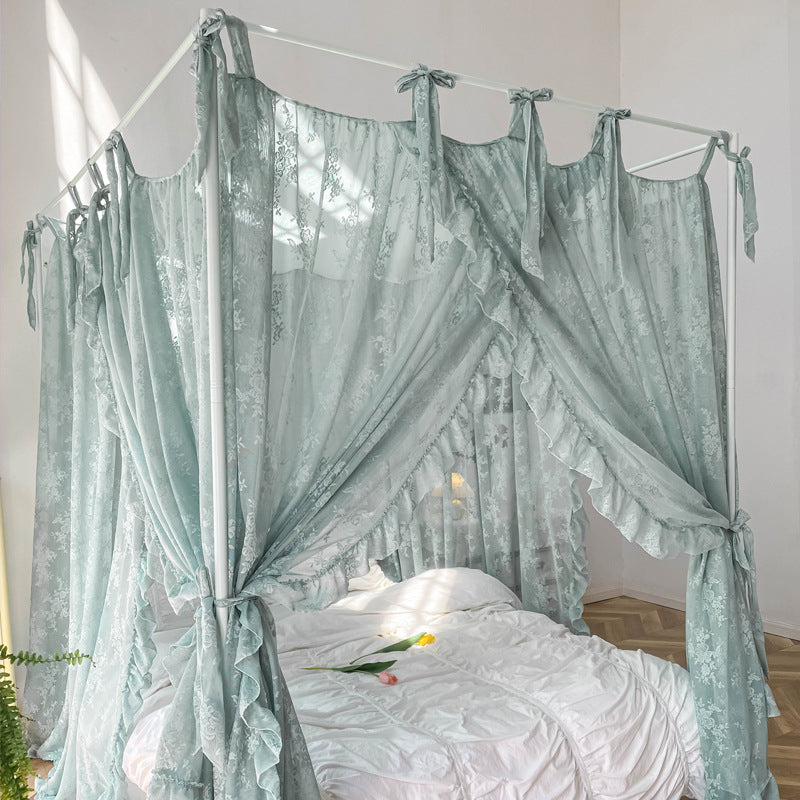 4 Poster Bed Canopy Curtains – Floral Lace with Ruffle Trim