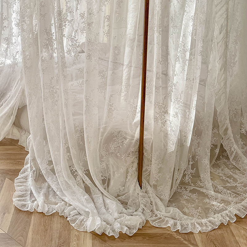 4 Poster Bed Canopy Curtains – Floral Lace with Ruffle Trim