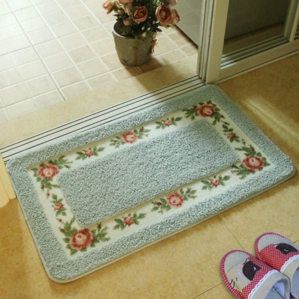Floral Border Absorbent Bath Mat Aqua Petal