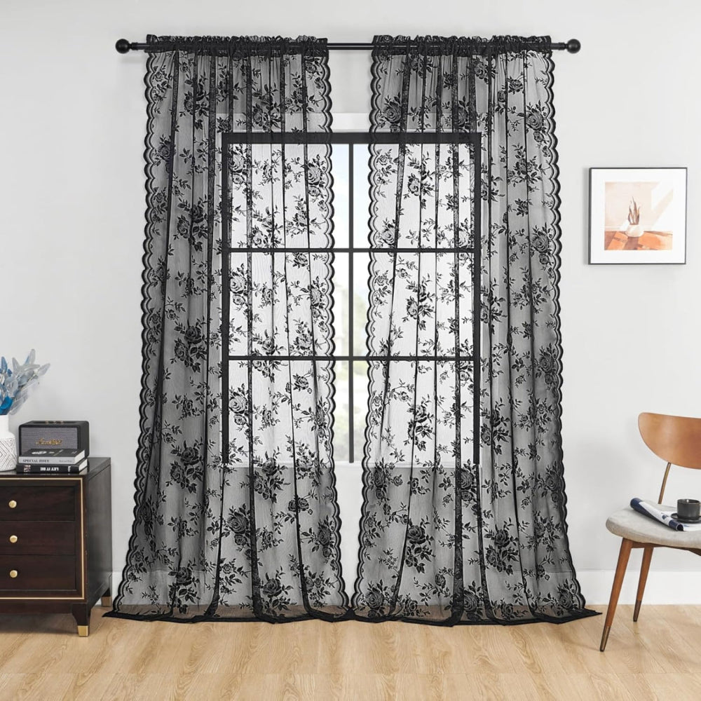 Floral Grace Sheer Curtains Charcoal Glow