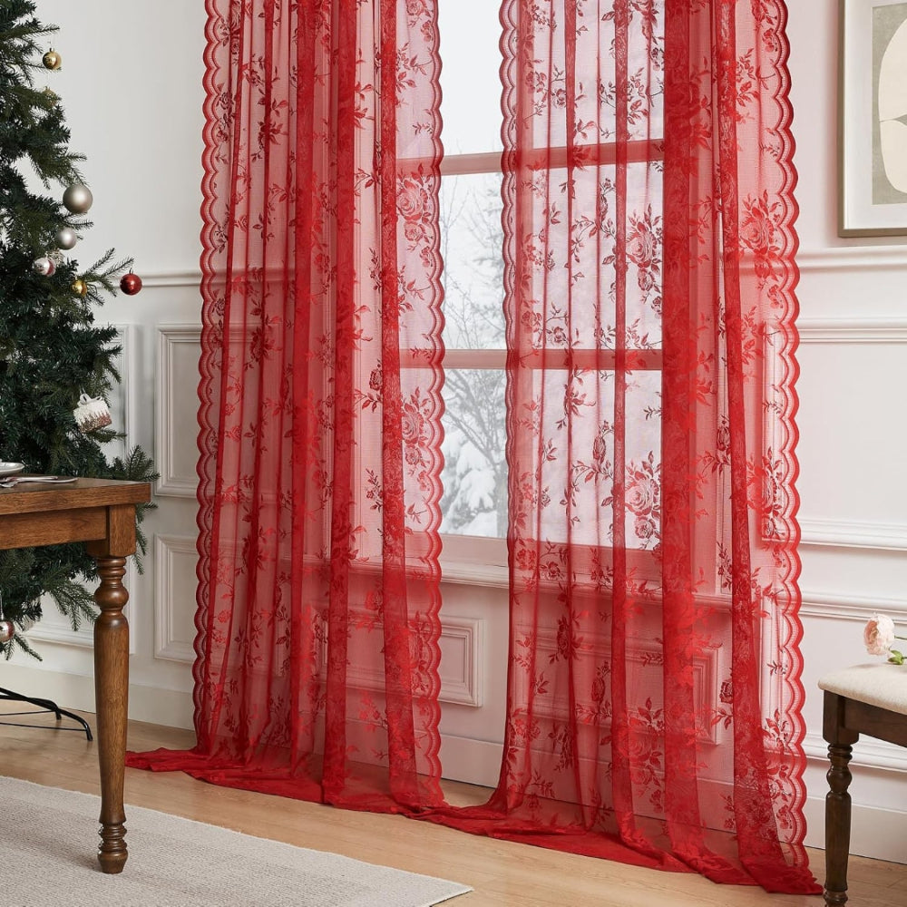 Floral Grace Sheer Curtains Crimson Glow