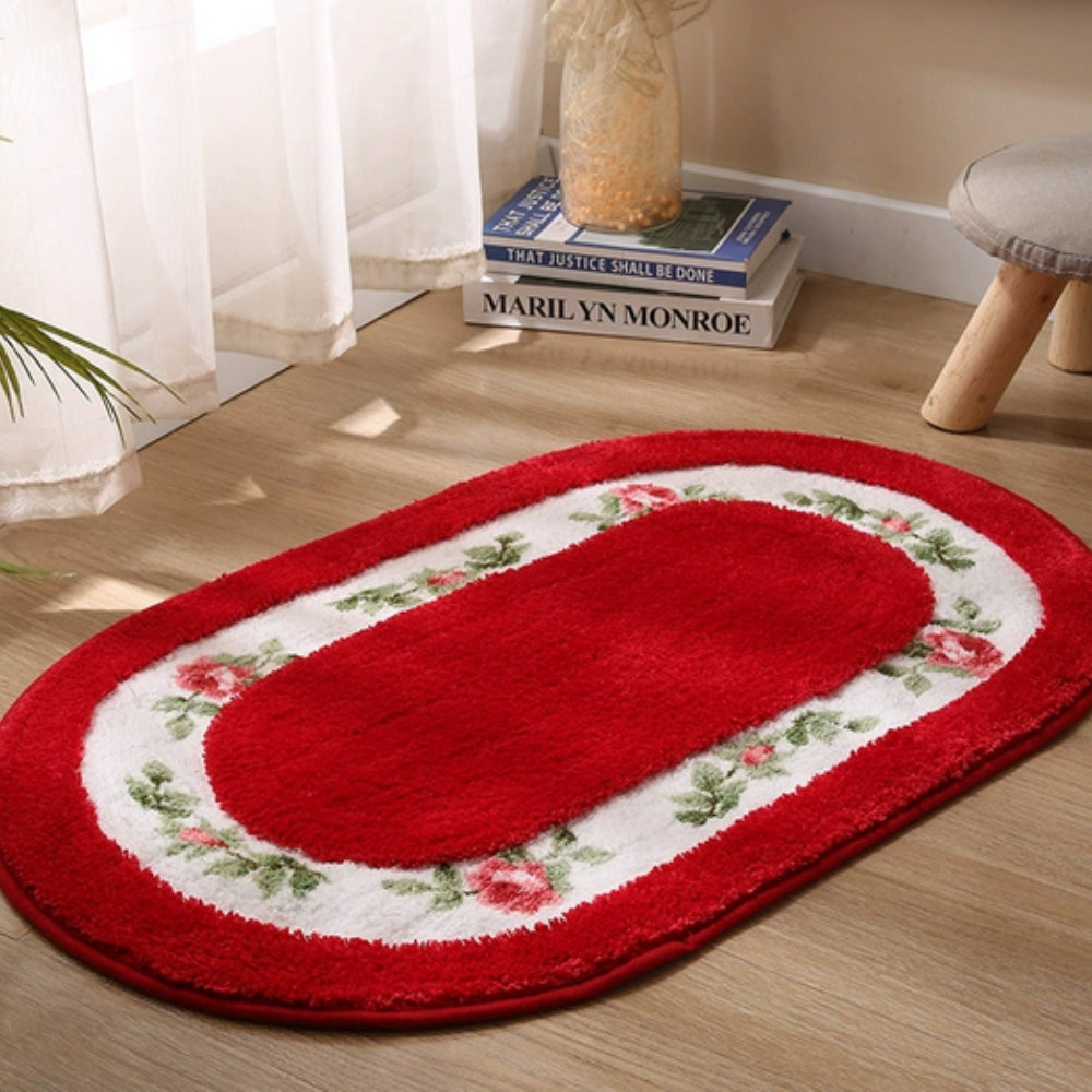 Floral Oval Plush Bath Mat Red Rose