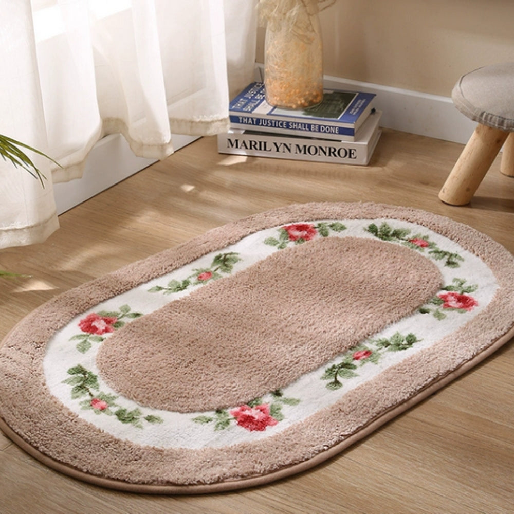 Floral Oval Plush Bath Mat Beige Petal