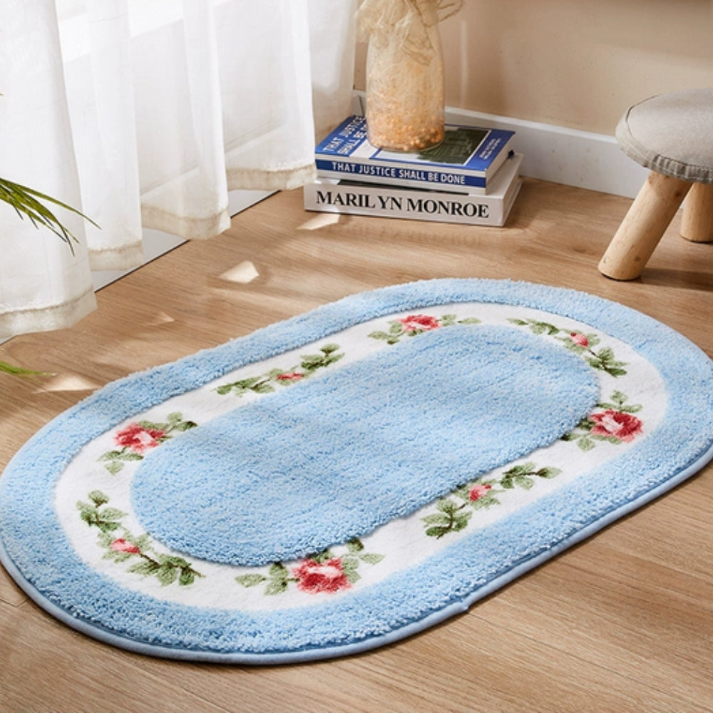 Floral Oval Plush Bath Mat Blue Sky