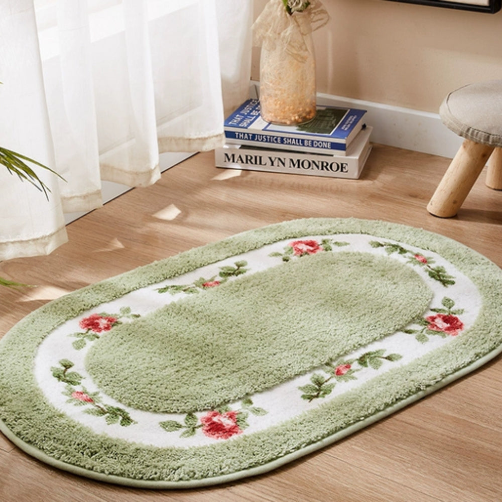 Floral Oval Plush Bath Mat Green Meadow