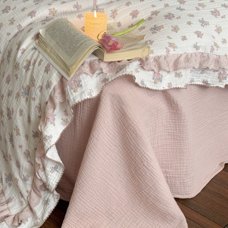 Queen Floral Bedding Set – Ruffled Cotton Muslin, Pink Flower