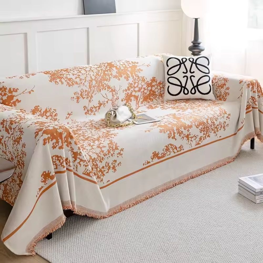 Chenille Flowerfield Sofa Cover Rusty Orange
