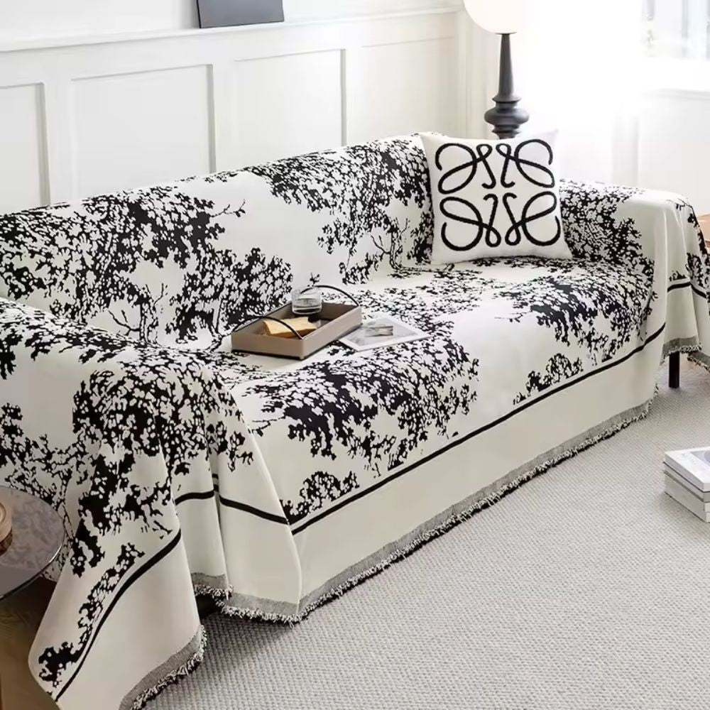 Chenille Flowerfield Sofa Cover Classic Black & White