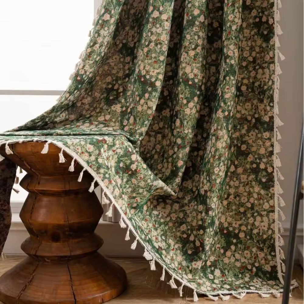 French Vintage Floral Tapestry Curtain Bloom Green