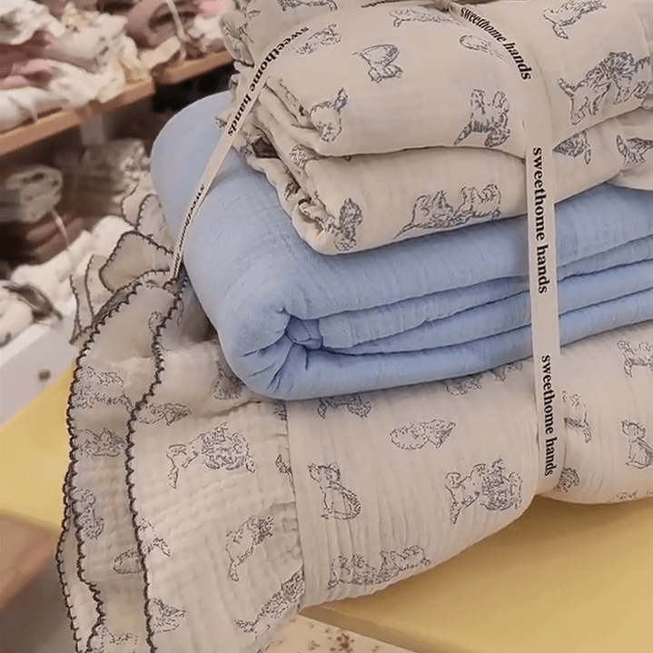 Blue Cat Print Duvet Cover – Cotton Gauze with Ruffles