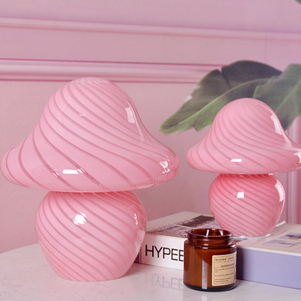 Gala Mushroom Glass LED Table Lamp Pink Swirl Large