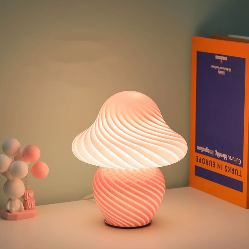 Gala Mushroom Glass LED Table Lamp Pink Swirl Small