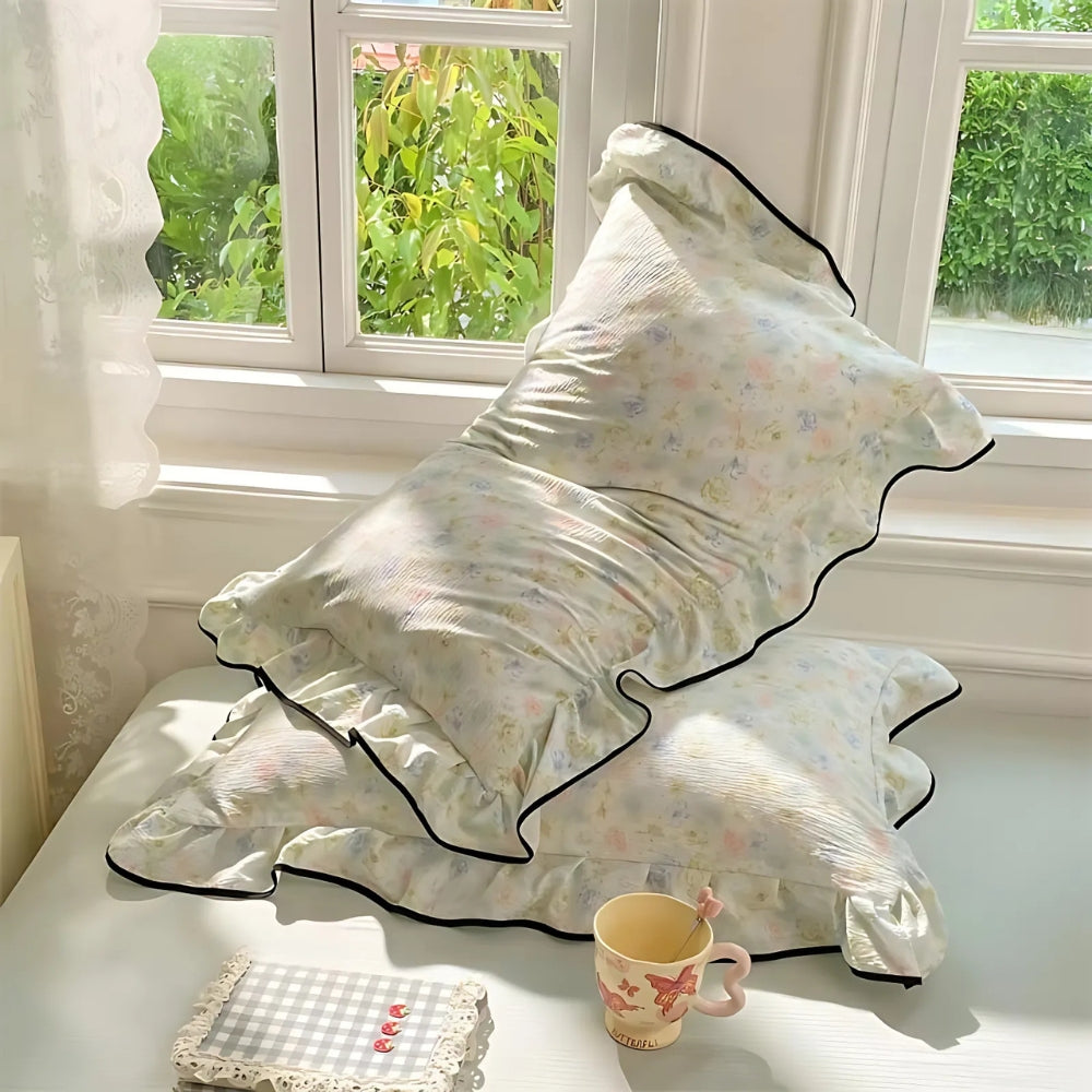 Gauze Floral Ruffled Lace Pillowcases Pastel Mist
