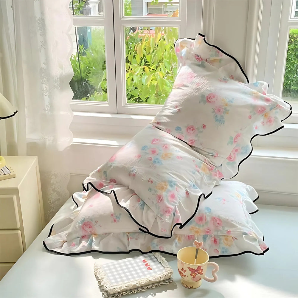 Gauze Floral Ruffled Lace Pillowcases White Bouquet