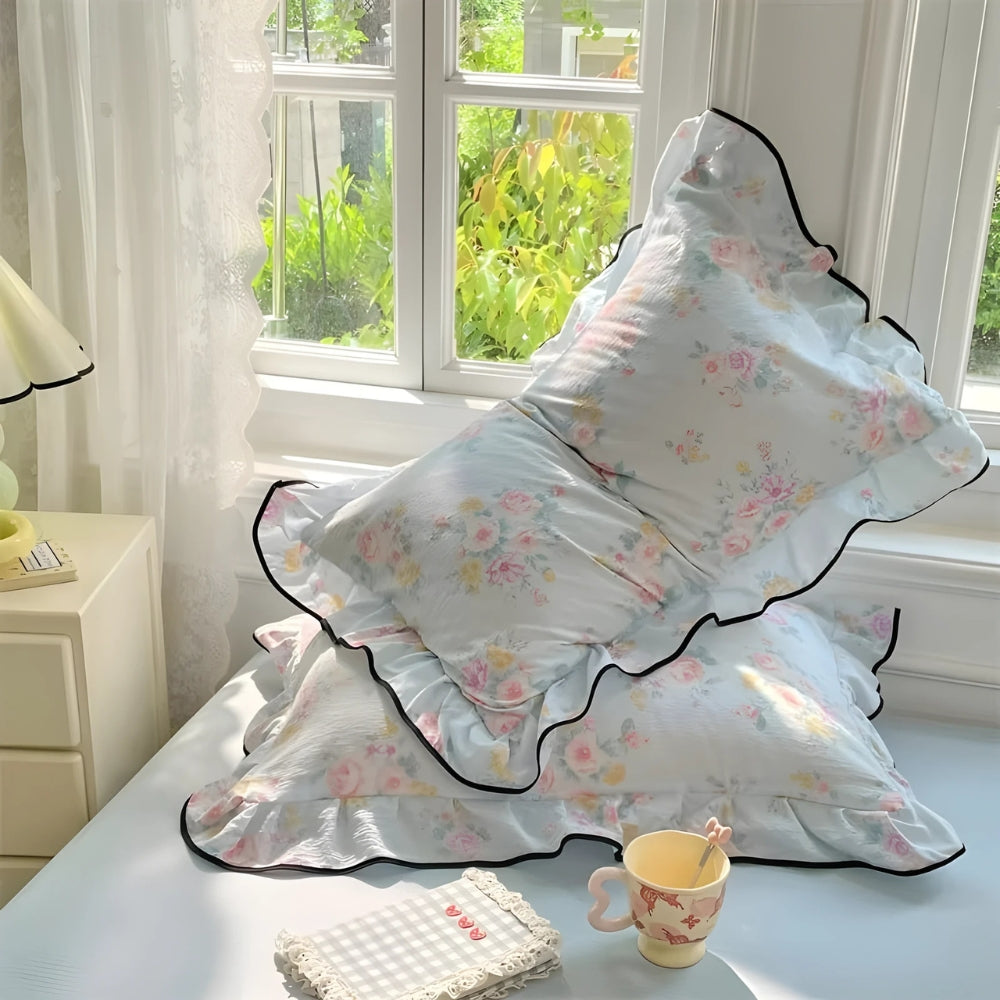 Gauze Floral Ruffled Lace Pillowcases Sky Floral