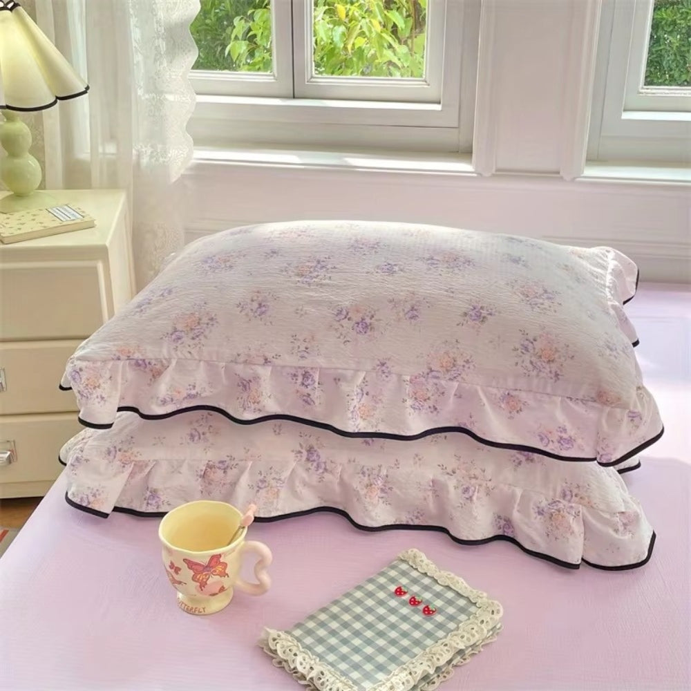 Gauze Floral Ruffled Lace Pillowcases Lavender Meadow