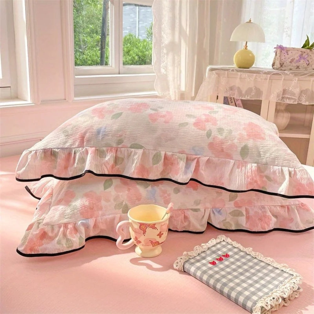 Gauze Floral Ruffled Lace Pillowcases Blush Petal