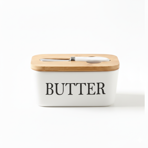 Ceramic Bamboo Butter Dish & Knife Set White