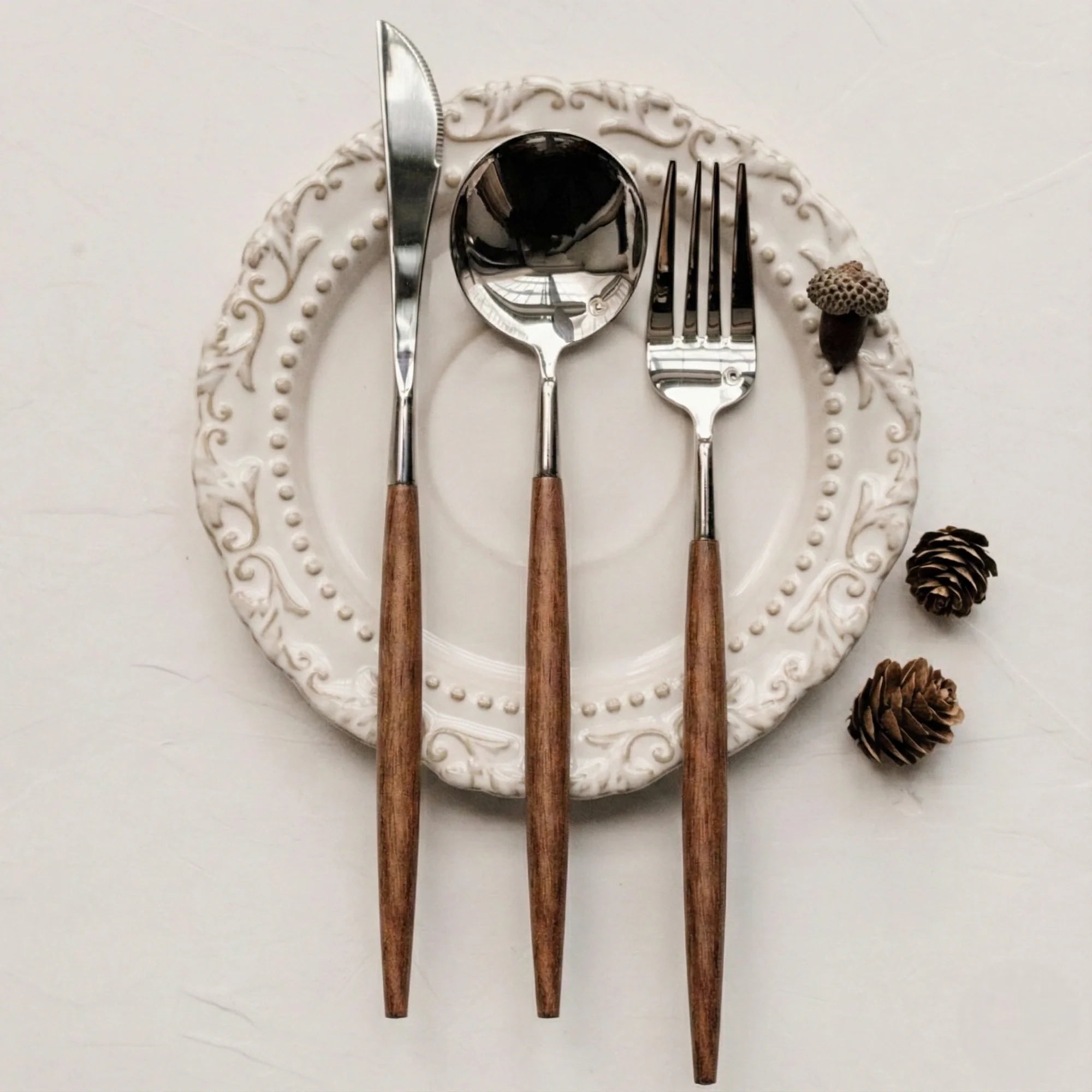 Stainless Steel Flatware Set - 18/10 High Quality with Wood Handle Walnut Grain