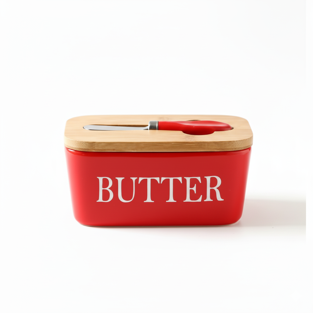 Ceramic Bamboo Butter Dish & Knife Set Red