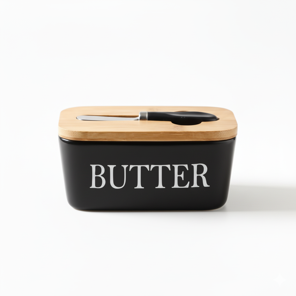 Ceramic Bamboo Butter Dish & Knife Set Black