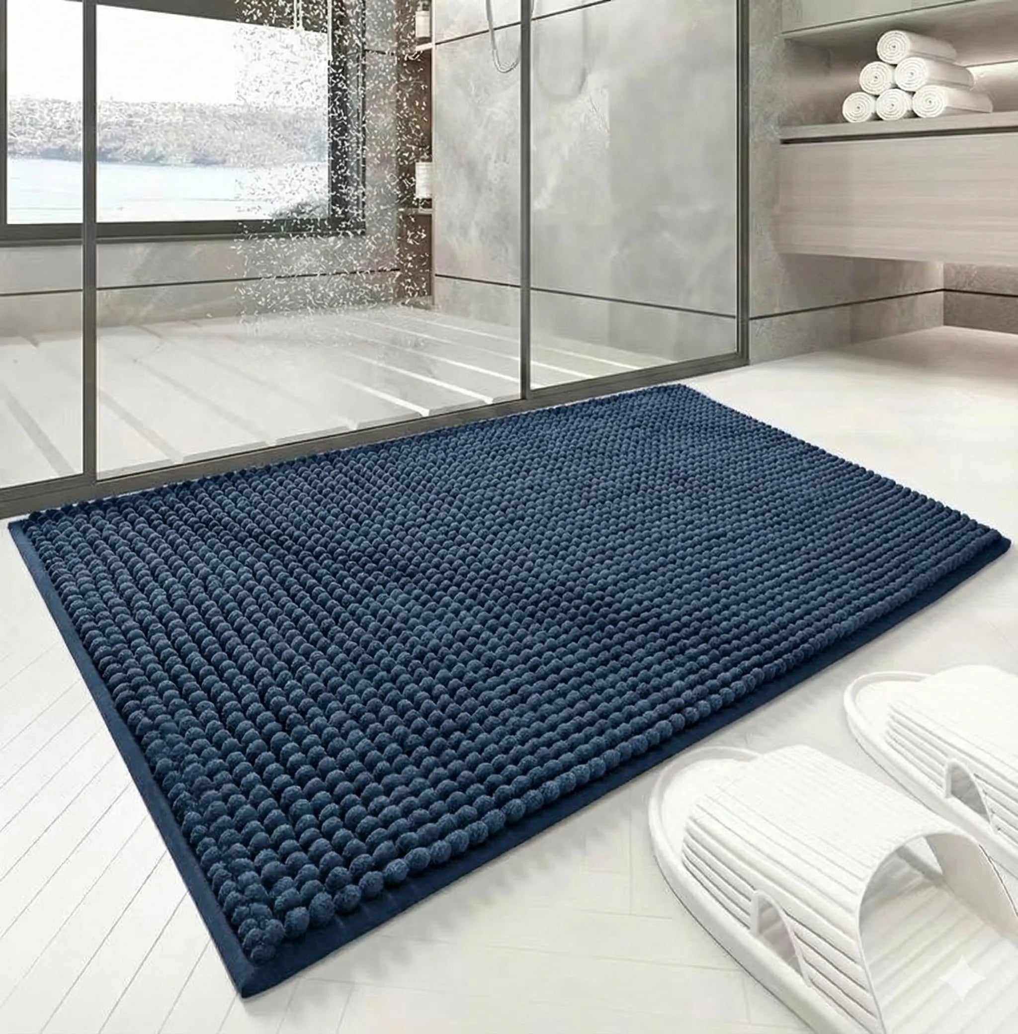 Super Absorbent Chenille Bathroom Mat Navy Blue