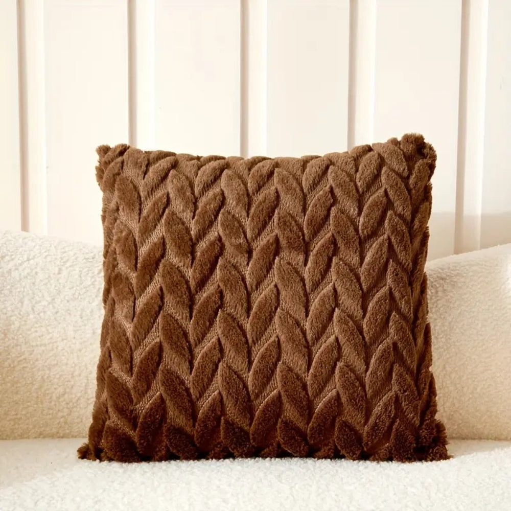Geo Leaves Embroidered Cushion Cover Cocoa Cable