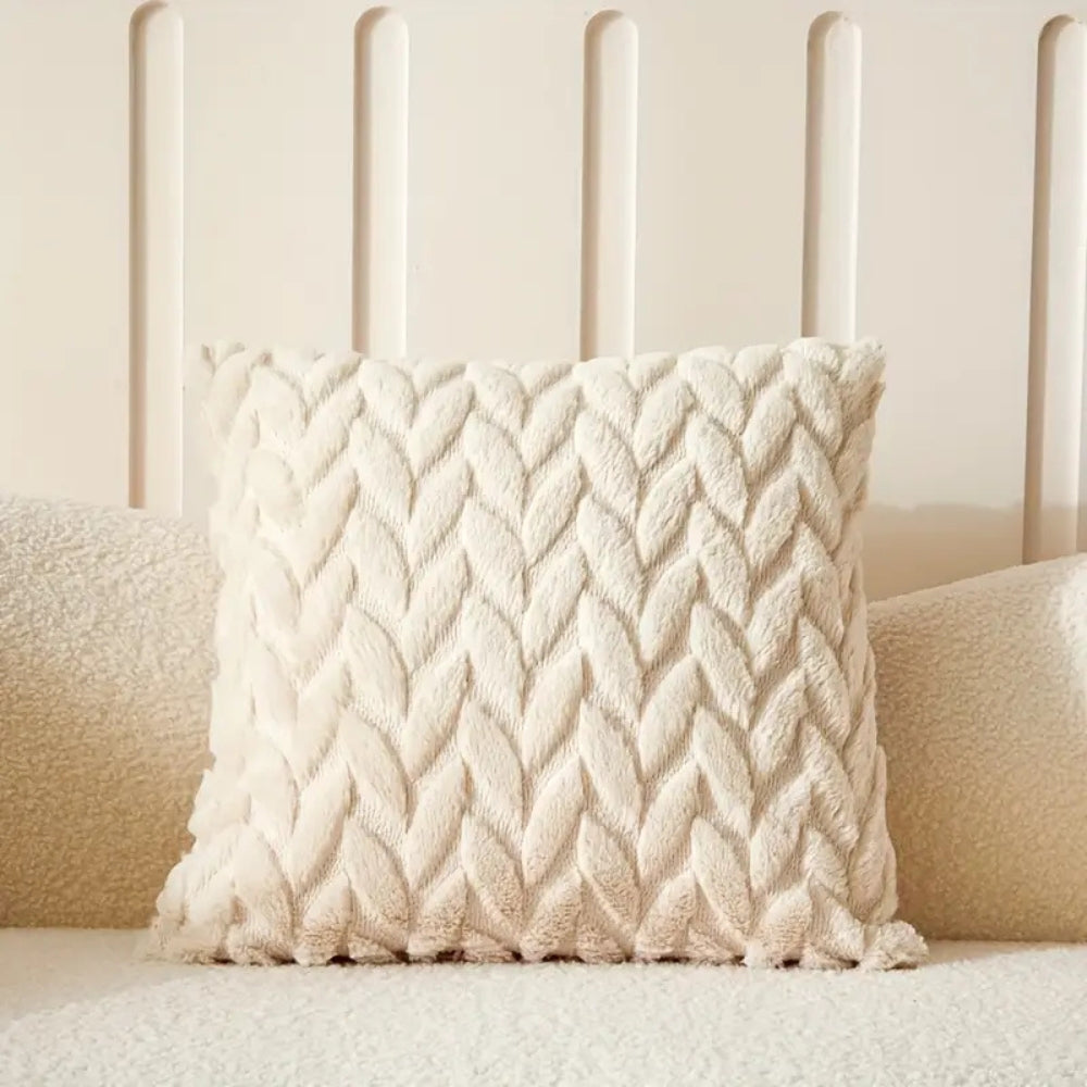 Geo Leaves Embroidered Cushion Cover Oatmeal Weave