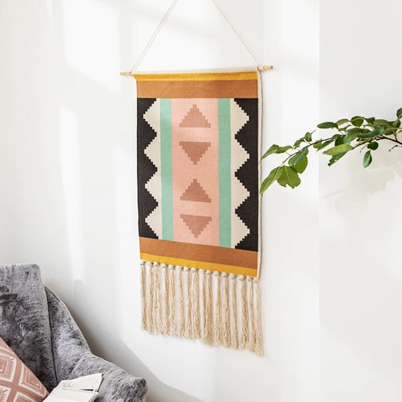Geometric Hanging Tapestry Black Pink