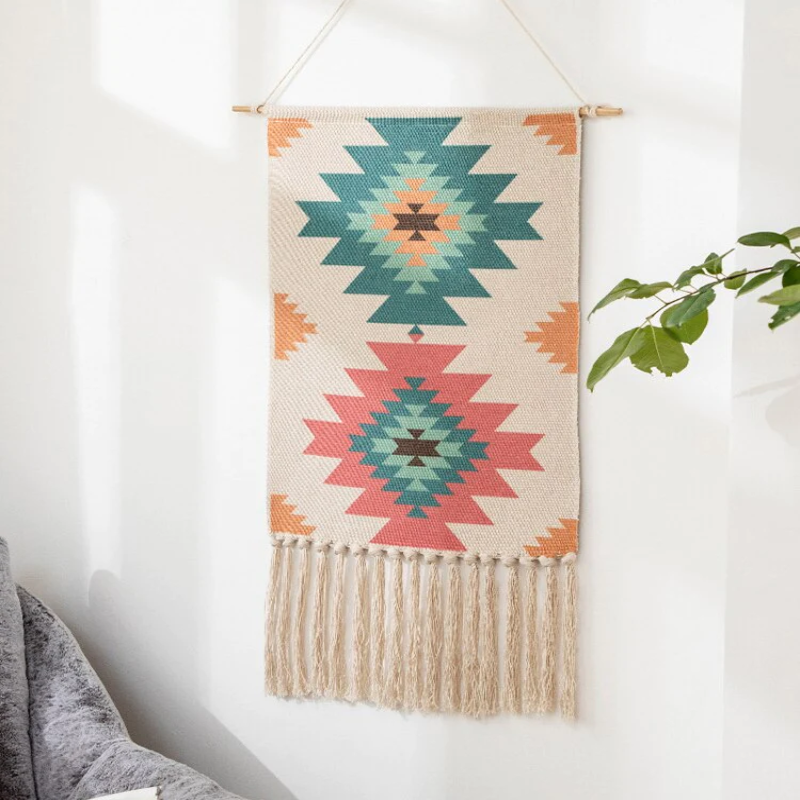 Geometric Hanging Tapestry Teal Coral