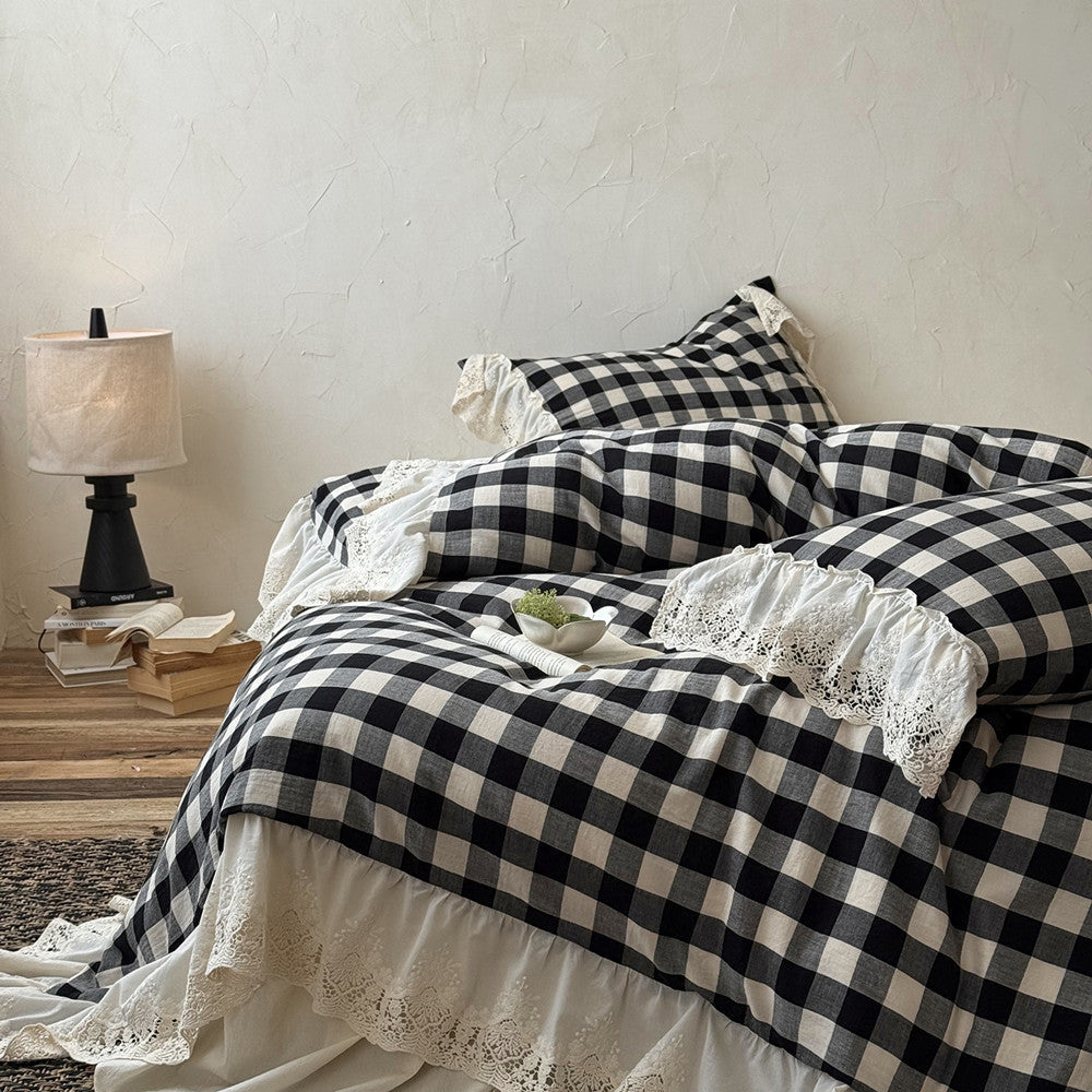 Gingham Cotton Bedding Set with Bed Skirt