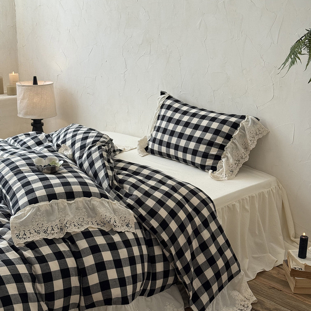 Gingham Cotton Bedding Set with Bed Skirt