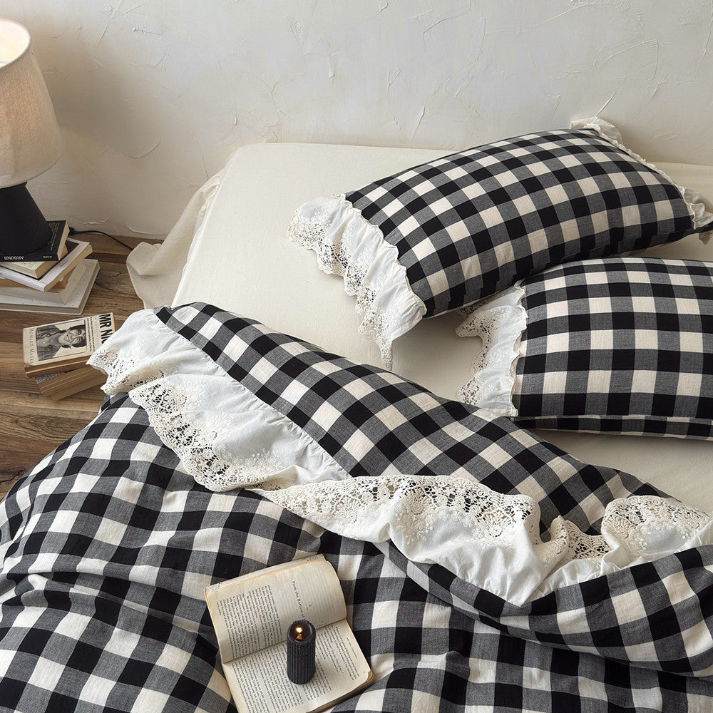 Gingham Cotton Bedding Set with Bed Skirt