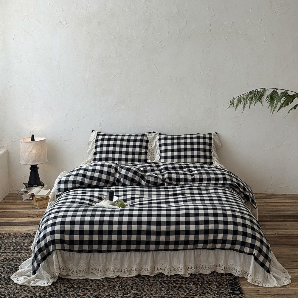 Gingham Cotton Bedding Set with Bed Skirt