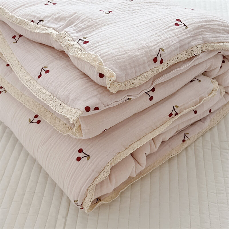 Cherry Baby Quilt – Cotton Muslin with Lace Trim
