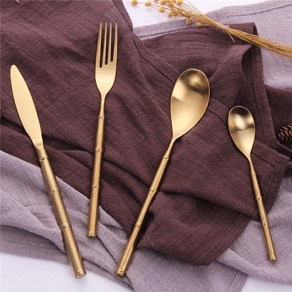 Gold Bamboo Stainless Steel Luxury Flatware Fork + Knife + Spoon + Tea Spoon