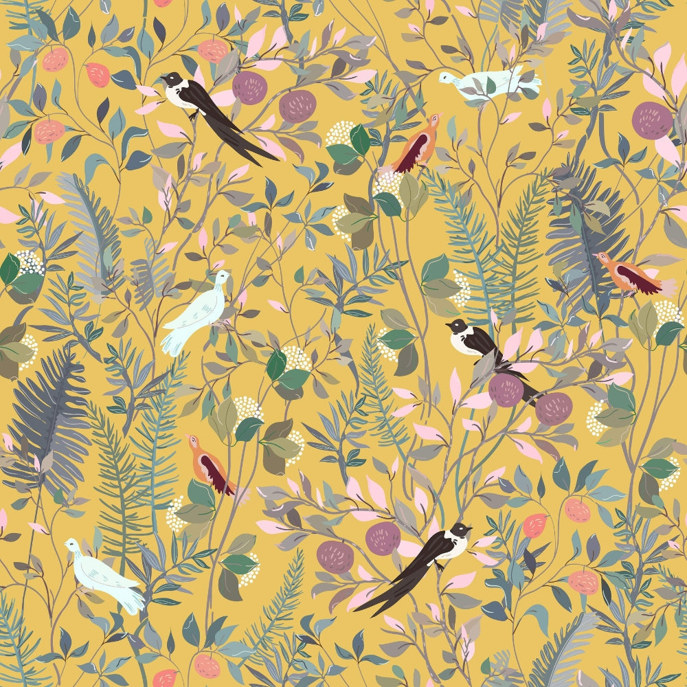 Golden Canopy Bird and Leaf Peelable Wallpaper