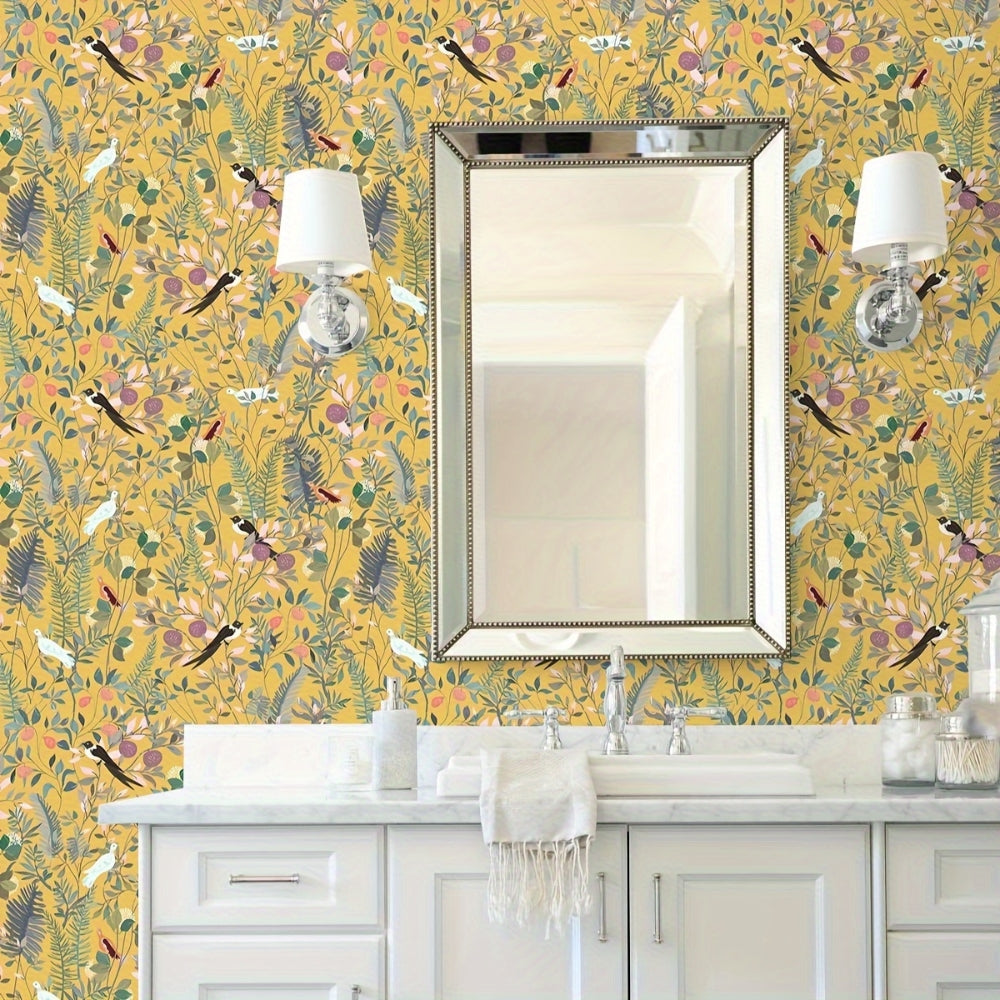 Golden Canopy Bird and Leaf Peelable Wallpaper