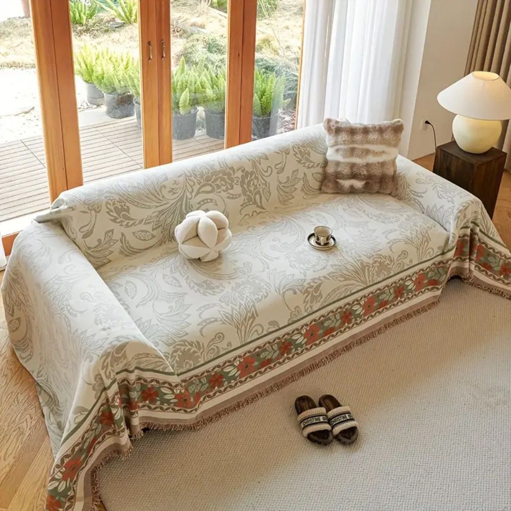 Floral Tasseled Boho Sofa Cover Green Bloom