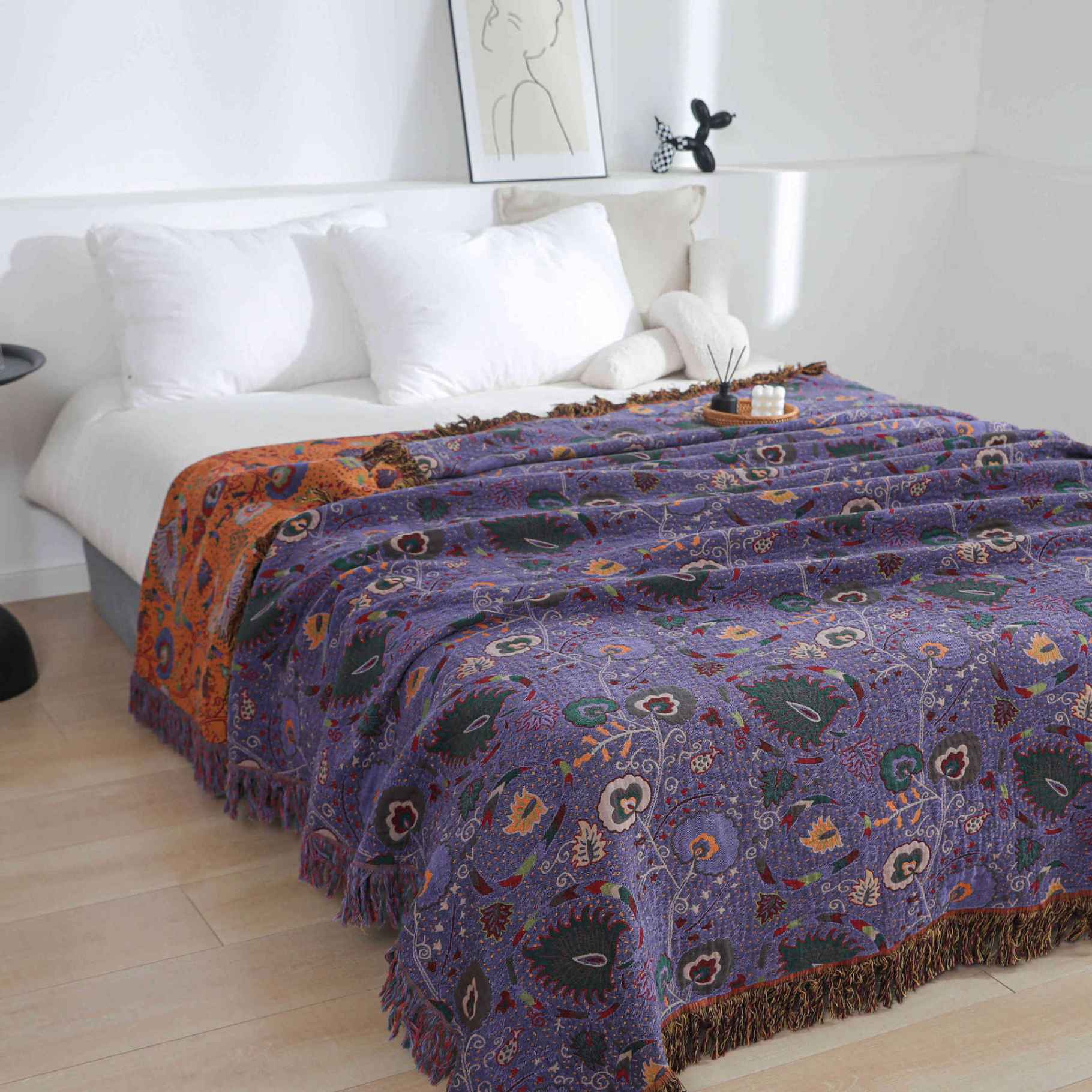 Vintage Cotton Gauze Blanket - Floral Couch Cover with Fringe Purple