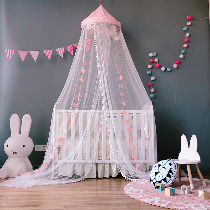 Crib Mosquito Net — Hanging Mesh Canopy with Pom-Pom Trim