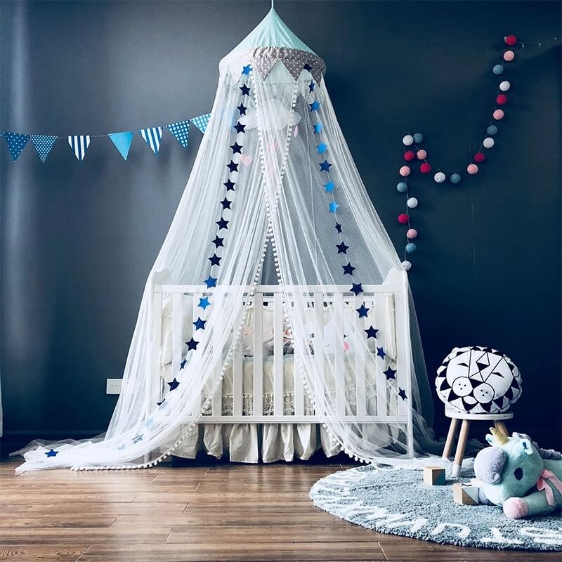 Crib Mosquito Net — Hanging Mesh Canopy with Pom-Pom Trim