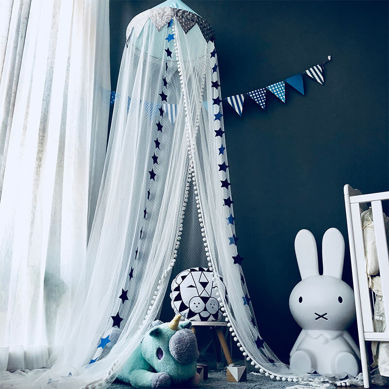 Crib Mosquito Net — Hanging Mesh Canopy with Pom-Pom Trim