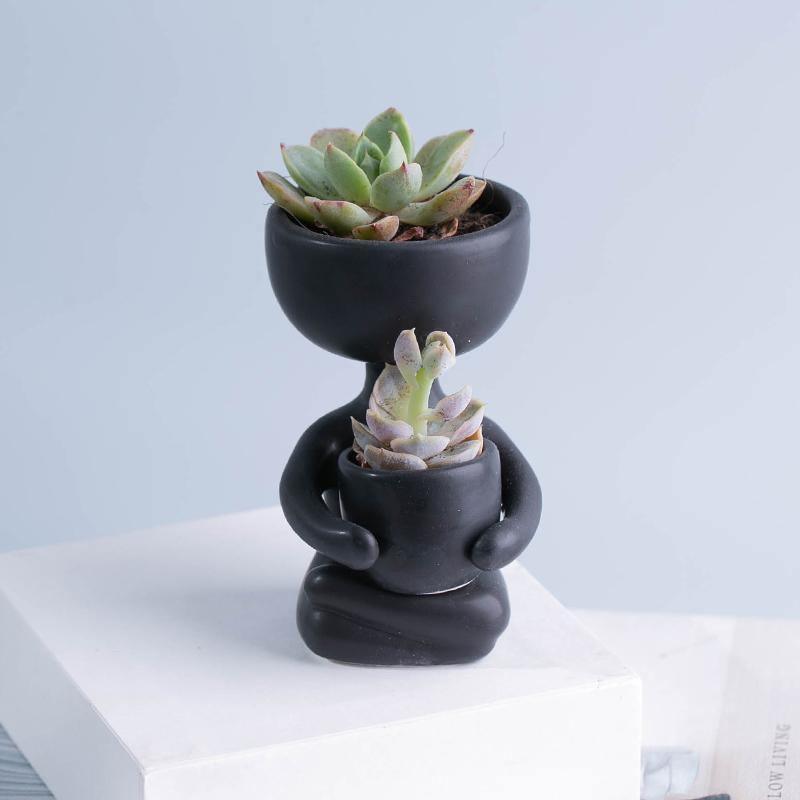 Petite Person Clay Succulent Planter Pot on Lap Black