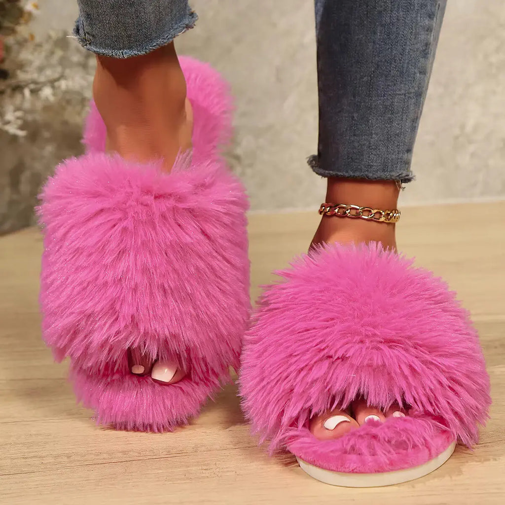 Women Fuzzy Open Toe House Slippers
