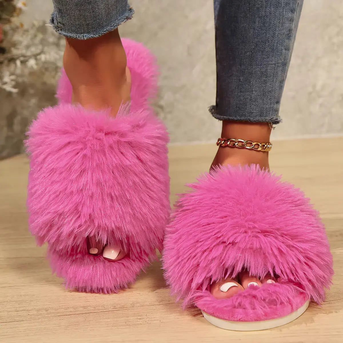 Women Fuzzy Open Toe House Slippers