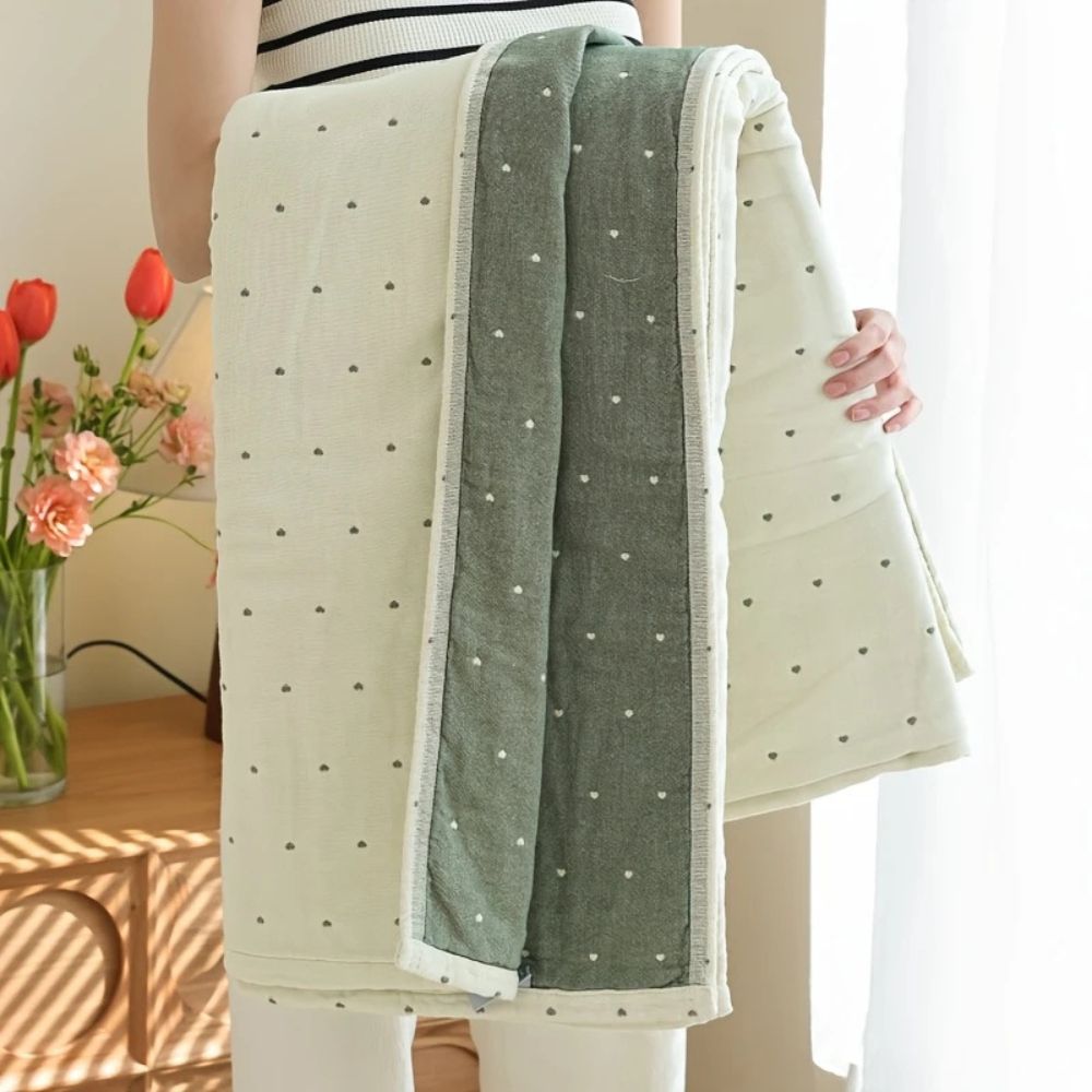 Heart Stitched Double-Spliced Cotton Gauze Blanket Meadow Mist